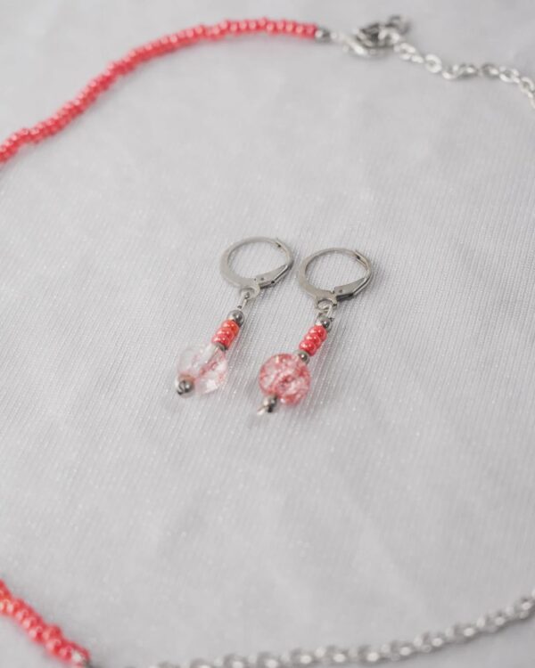 Red Beaded Necklace Set with Silver Chain and Matching Earrings