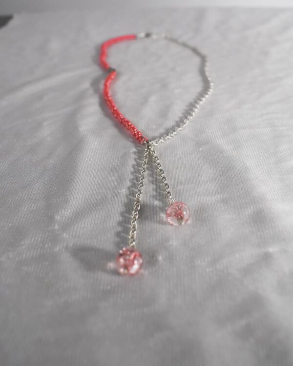 Red Beaded Necklace Set with Silver Chain and Matching Earrings
