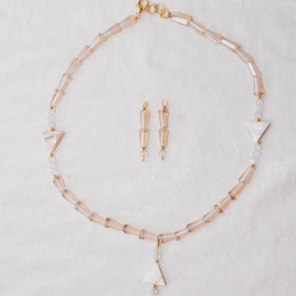 Handcrafted Blush Pink Beaded Necklace with Geometric Triangles and Matching Earrings