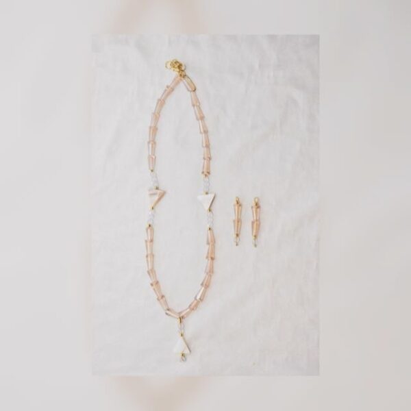 Handcrafted Blush Pink Beaded Necklace with Geometric Triangles and Matching Earrings