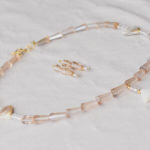 Handcrafted Blush Pink Beaded Necklace with Geometric Triangles and Matching Earrings