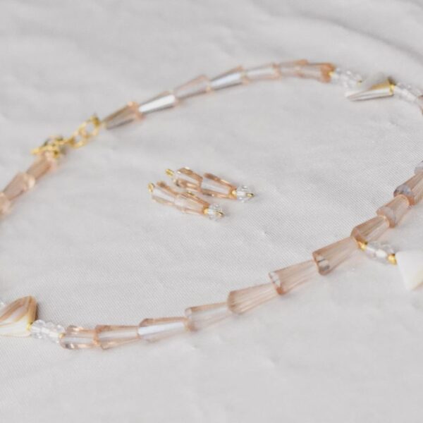 Handcrafted Blush Pink Beaded Necklace with Geometric Triangles and Matching Earrings