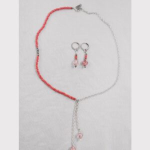 Red Beaded Necklace Set with Silver Chain and Matching Earrings