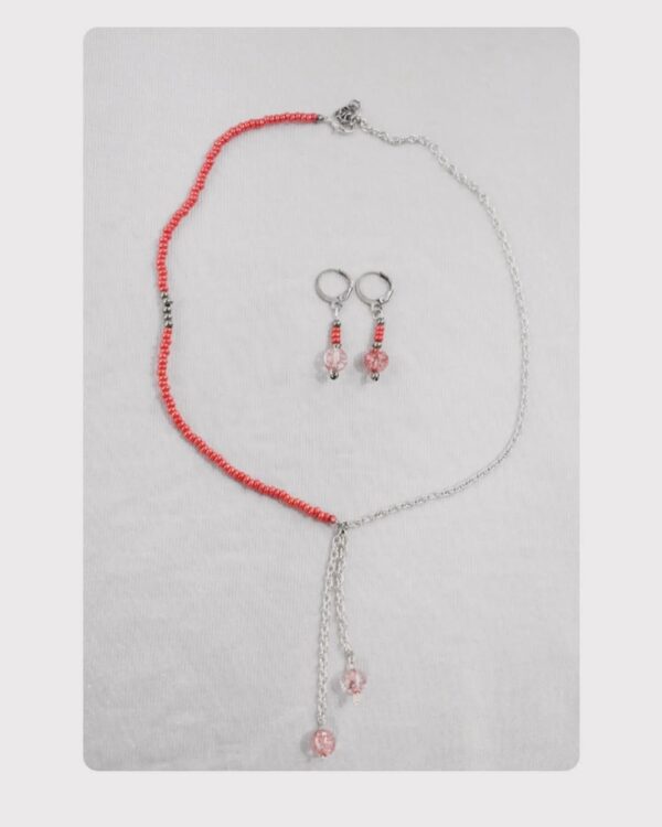 Red Beaded Necklace Set with Silver Chain and Matching Earrings