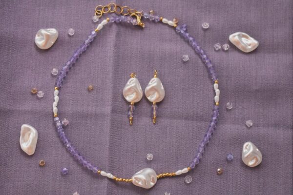✨ Luxury Lavender Pearl Necklace Set 💜✨ Handmade Jewelry with Gold Accents 🌟
